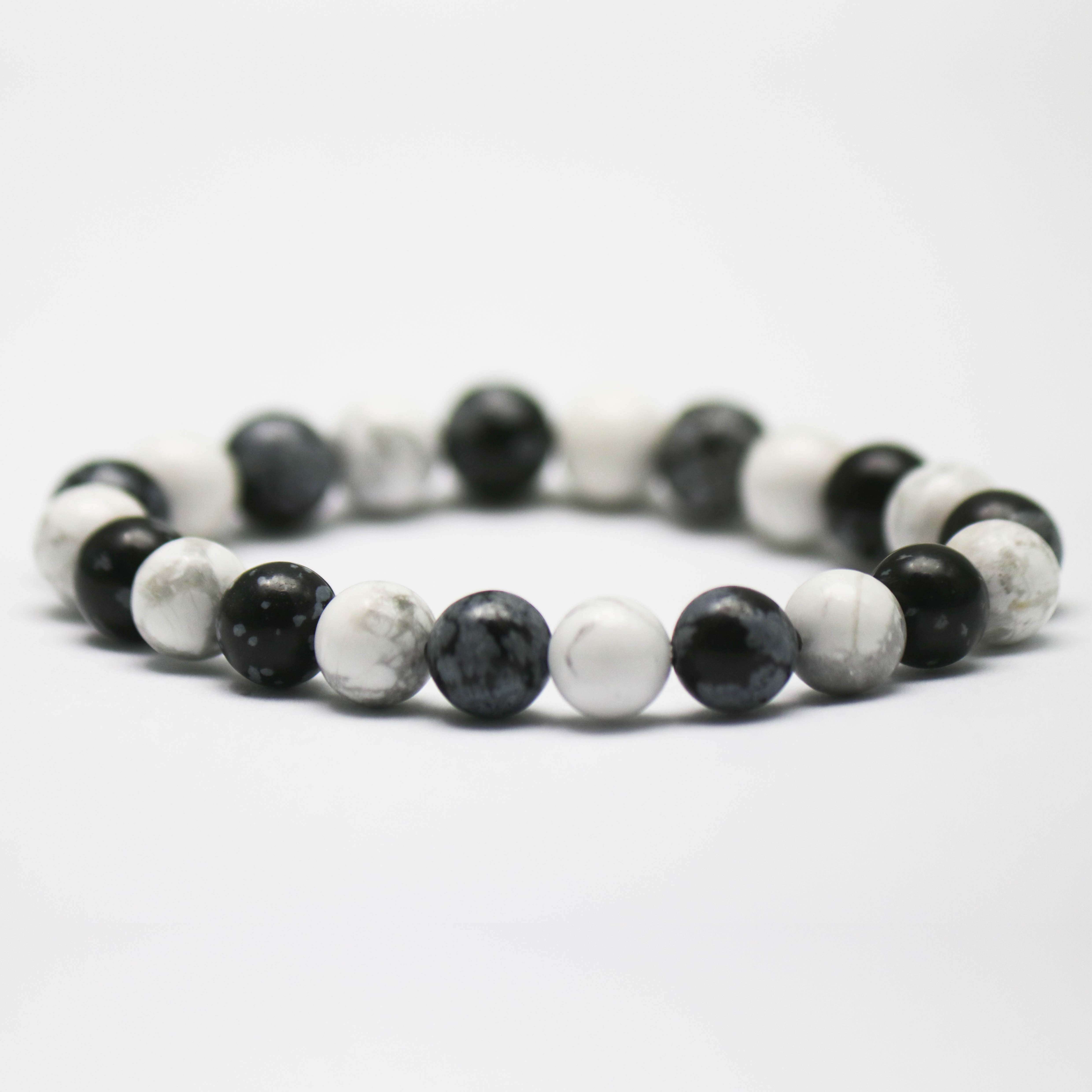 Bracelet Unisexe En Obsidienne Noire, Howlite Blanche & Hématite - Perles 8 Mm - Équilibre Émotionnel, Protection & Ancrage - Bijou Pierre Naturelle